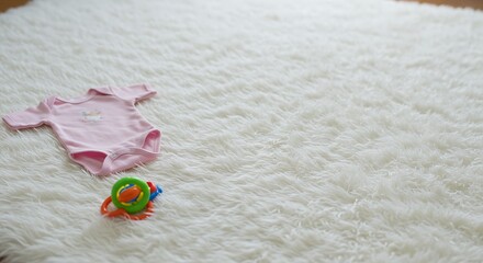 Obraz premium Baby Onesie with Colorful Toy on Soft White Rug in Nursery Setting