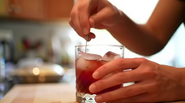 Mixing red cocktail with kitchen.