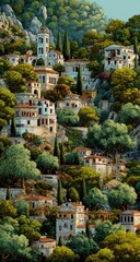 Mediterranean village nestled in hillside, vibrant greens and whites
