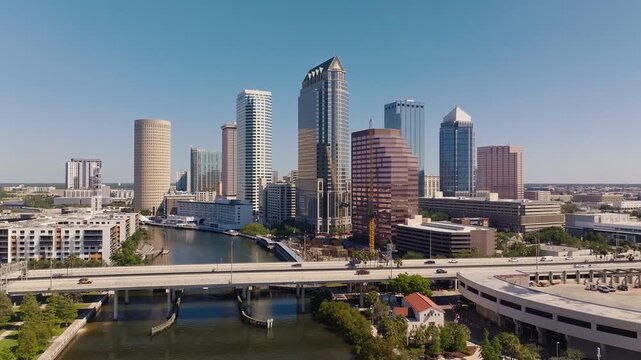 Downtown Tampa, Florida: Aerial Views of River and Bridges in Daylight