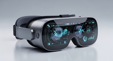 Advanced Virtual Reality (VR) Headset with Futuristic Digital Interface and Holographic Data, Representing Metaverse and Artificial Intelligence Technology