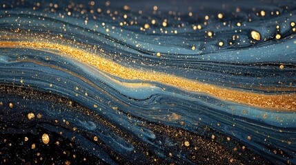 Abstract fluid art; swirling dark blues and gold