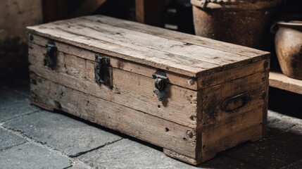 Aged wooden chest on stone floor