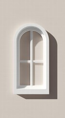 White arched window with grid pattern on light beige wall, casting shadow, for Christmas or New Year backdrop.