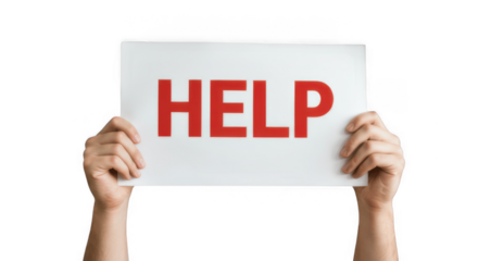 Hands Holding ‘HELP’ Sign – Red Text on White Paper Isolated on Transparent PNG Background