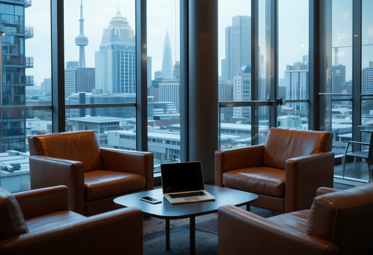 Modern lounge office with city skyline - Powered by Adobe