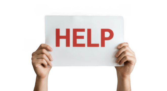 Hands Holding ‘HELP’ Sign – Red Text on White Paper Isolated on Transparent PNG Background