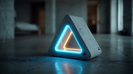 Geometric prism with glowing neon light triangle blue