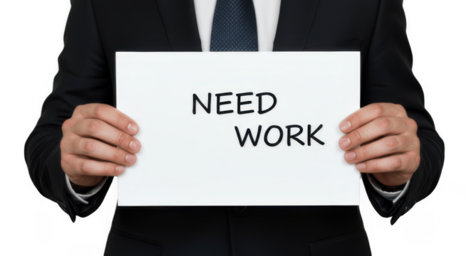 Unemployed Businessman Holding 'Need Work' Sign – Job Loss and Economic Crisis Concept on white background png