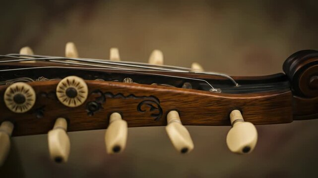 Close-up of a vintage stringed instrument headstock with tuning pegs.