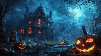 A spooky, haunted house with jack-o-lanterns and bats in a dark, moonlit night.