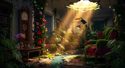 Nature Reclaiming Abandoned Room with Toucan and Flowing River