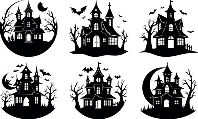 Spooky Haunted House Silhouette Collection for Halloween Decorations and Creepy Designs