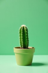 Single small cactus on plain backdrop, vibrant green, botanical, thorn, flora