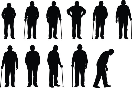 Silhouette of elderly men standing, walking, holding cane, different poses, senior citizen vector set, black and white illustration, isolated