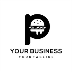 This logo combines the letter p and a burger, suitable for use in the food business.