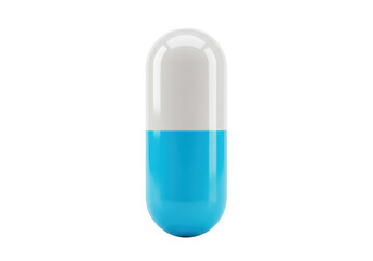 Single blue and white medical capsule isolated on transparent background