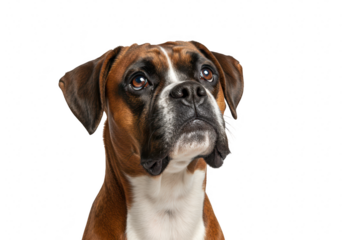 Boxer dog isolated on transparent background, a portrait of a purebred canine with brown and white markings, looking up attentively