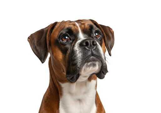 Boxer dog isolated on transparent background, a portrait of a purebred canine with brown and white markings, looking up attentively - Powered by Adobe