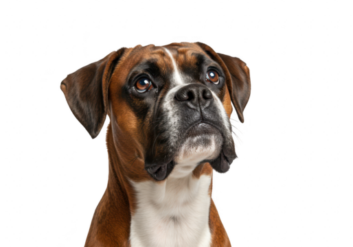 Boxer dog isolated on transparent background, a portrait of a purebred canine with brown and white markings, looking up attentively