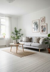 Serene Living Room Interior with Botanical Art and Natural Light