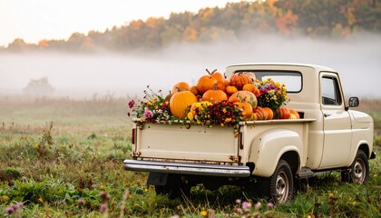 Pumpkins and wildflowers in vintage cream pickup truck during autumn harvest