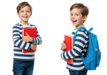 Happy boy with books and backpack, isolated on transparent background