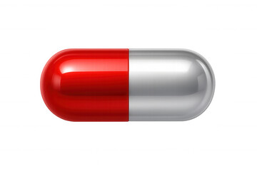 Glossy pharmaceutical capsule combining red and silver, symbolizing medical innovation against clean transparent backdrop