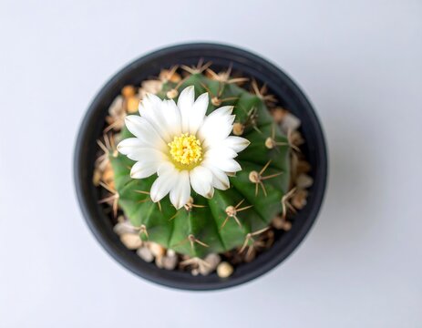 Cactus with white flower in pot - Powered by Adobe