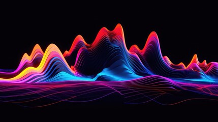 Abstract landscape with layered waves of vibrant colors against a dark background creating a dynamic visual