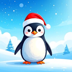 Cute penguin in Santa hat on snowy landscape (1)