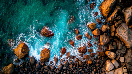 Fototapeta premium Dramatic aerial view of vibrant turquoise ocean water crashing against a rugged, rocky shoreline with large boulders, creating white foam and dynamic patterns.