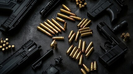 Top view of multiple brass bullet shells on black gradient surface, surrounded by handguns and rifles, cinematic military look