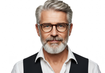 Portrait of a handsome middleaged man with a gray beard and mustache, wearing glasses and a vest, isolated on transparent background
