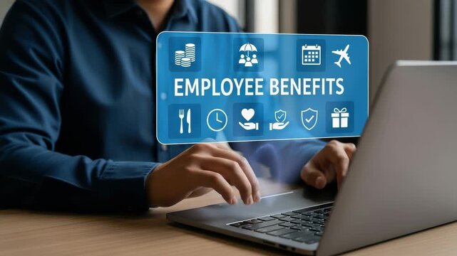 A person is typing on a laptop, with a digital display showing employee benefits icons and text