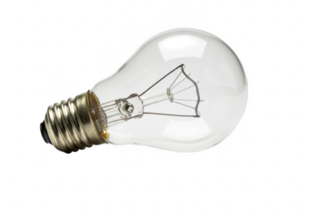 A clear incandescent light bulb lying on its side, isolated on a transparent background, symbolizing an idea or energy