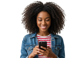 Young african american woman with curly hair smiling while looking at her smartphone, isolated on transparent background