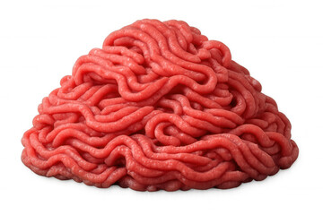 Raw ground beef, freshly ground, forms a compact pile, ready for cooking, isolated on a transparent background