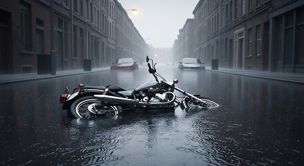 Motorcycle stranded in flooded city street during heavy rainfall, cars submerged in distant background
