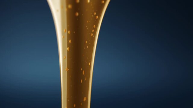 Thick golden oil drip flowing slowly with gravity pull creating mesmerizing glowing liquid flow effect on dark blue background texture