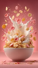 Cereal milk splash in bowl, vibrant colors