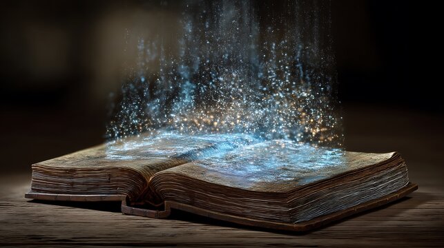 A closed book with old, faded writing transforming into a digital hologram of ideas, floating above it, metaphor for paradigm shift from past to future 