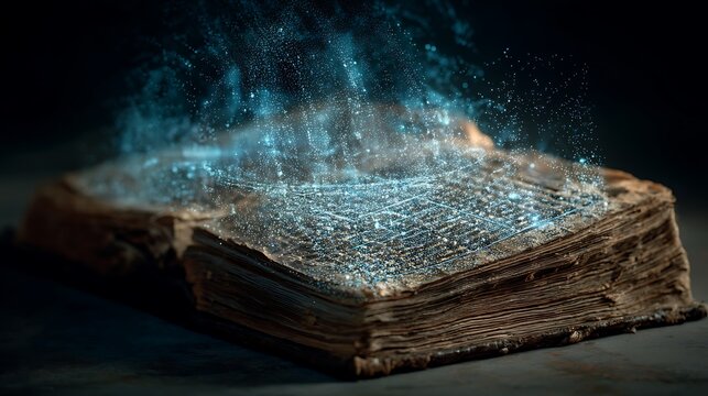 A closed book with old, faded writing transforming into a digital hologram of ideas, floating above it, metaphor for paradigm shift from past to future 