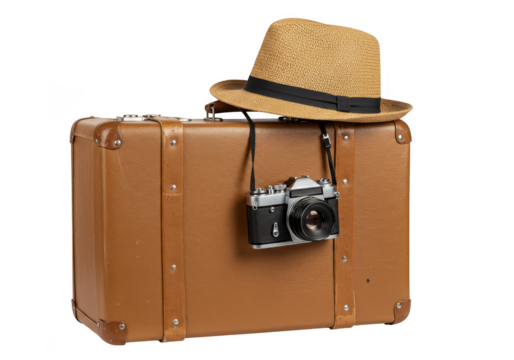 Vintage brown leather suitcase with a straw hat and a retro camera hanging on it, isolated on transparent background - Powered by Adobe