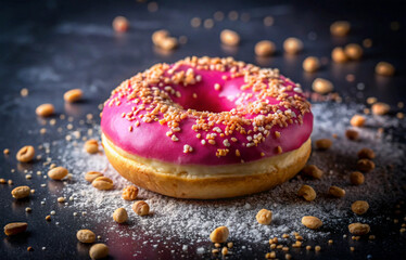 A delectable donut with a vibrant pink icing toppe and dark background