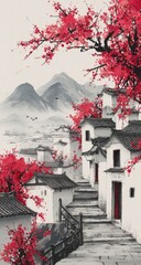 Asian village, cherry blossoms, mountains