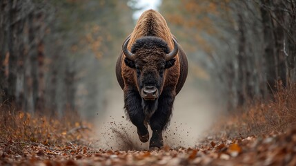 Powerful bison charging forward on a forest path, stunning wildlife portrait, dynamic action shot