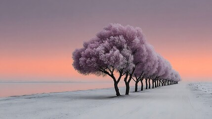 Row of trees with frosted purple foliage against pink sky winter snow