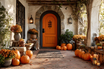 Obraz premium Front door with fall decor, pumpkins and autumnthemed decorations
