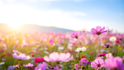 Vibrant cosmos field at sunrise